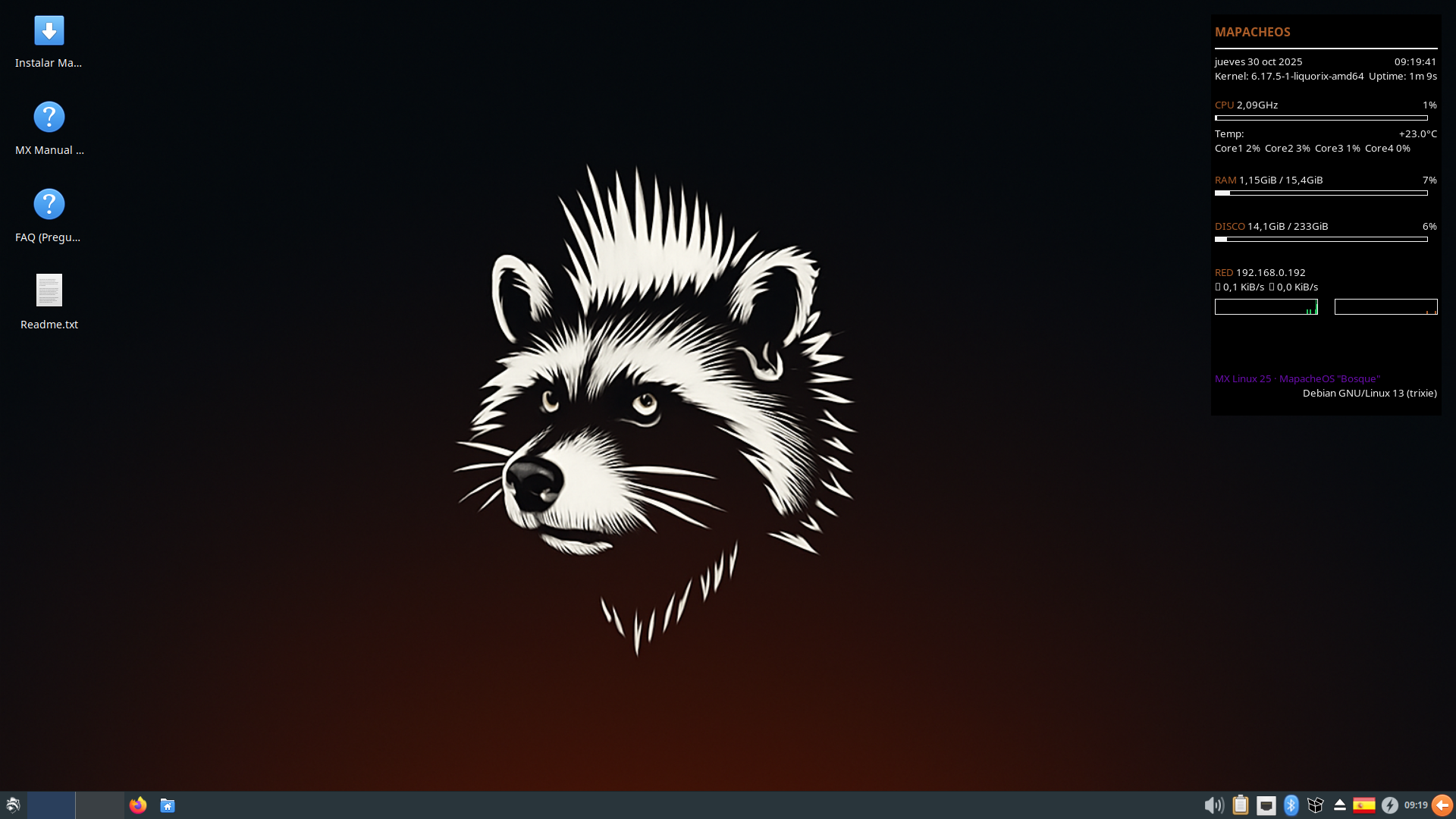 Escritorio de MapacheOS con wallpaper del mapache y conky mostrando información del sistema