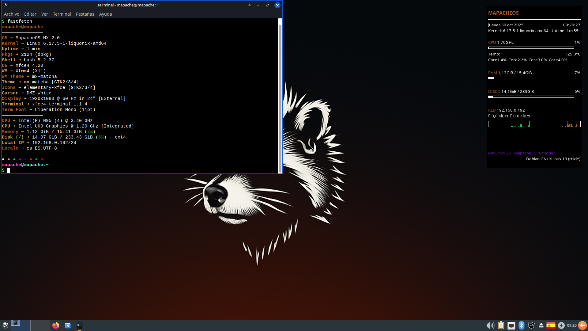 Terminal mostrando información del sistema con fastfetch