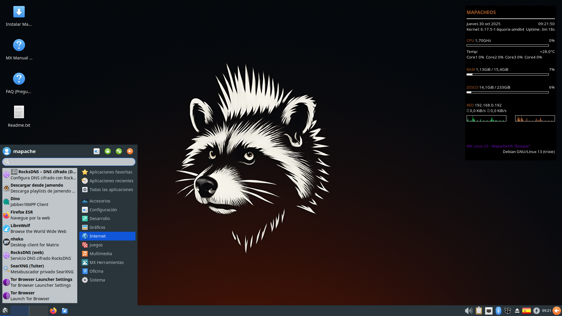 Menú de aplicaciones mostrando navegadores y herramientas del fediverso